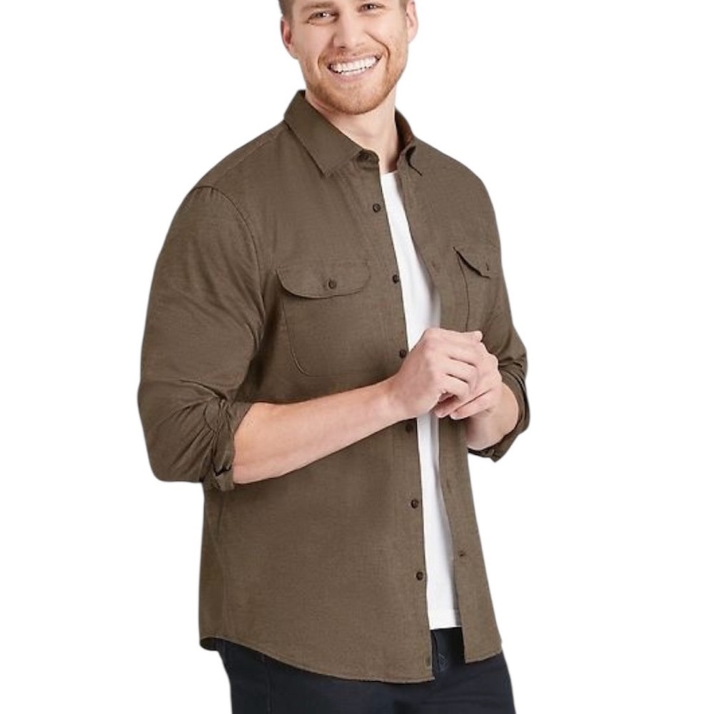 Banana Republic Ultra Soft Flannel Untucked Slim Fit Button Down Shirt, Cocoa, L